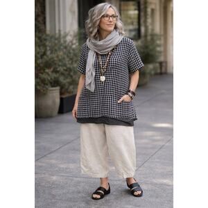 FLAX S 100% linen top shirt blouse black white check lagenlook Short Sleeve